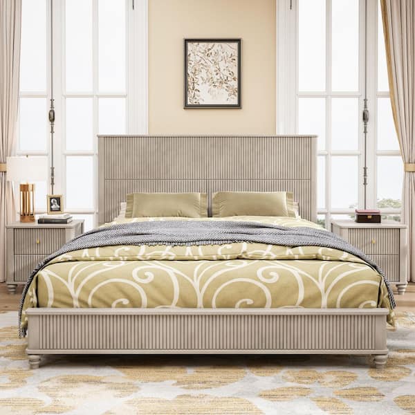 Horizon Beige Wood Frame King Size Platform Bed with Tall Headboard, Rubberwood
