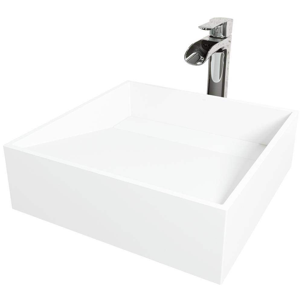 VIGO Matte Stone Starr Composite Square Vessel Bathroom Sink in White with Niko Faucet and Drain