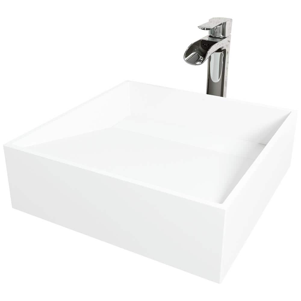 Starr 15" Square White Stone Vessel Sink with Chrome Faucet