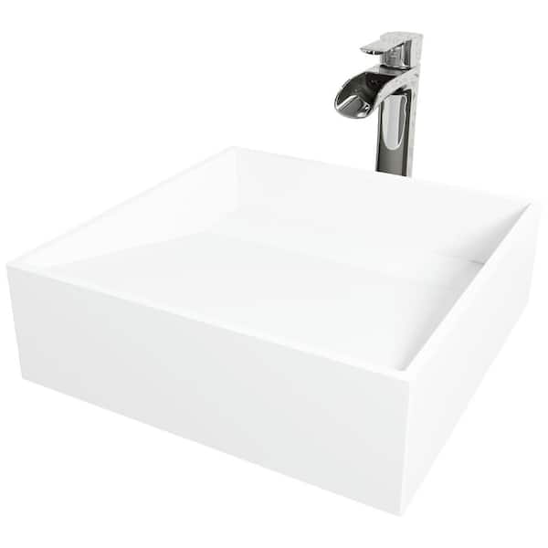 Matte Stone Starr Composite Square Vessel Bathroom Sink in White with Niko Faucet and Drain in Chrome