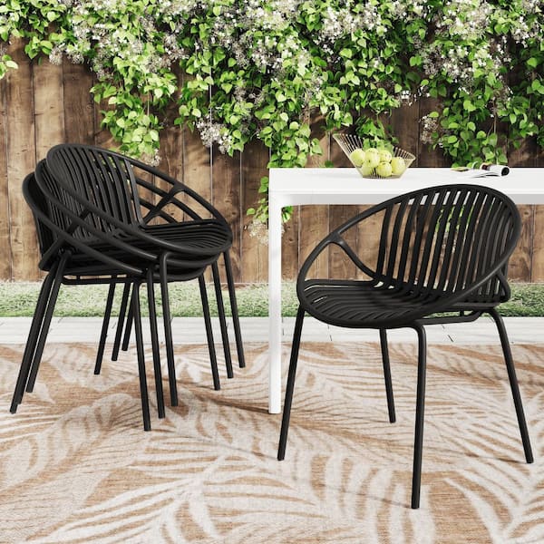 Unbranded Black Metal Stackable Patio Dining Chairs (Set of 2)-Breathable Design with Metal Legs and Durable Plastic Backrests
