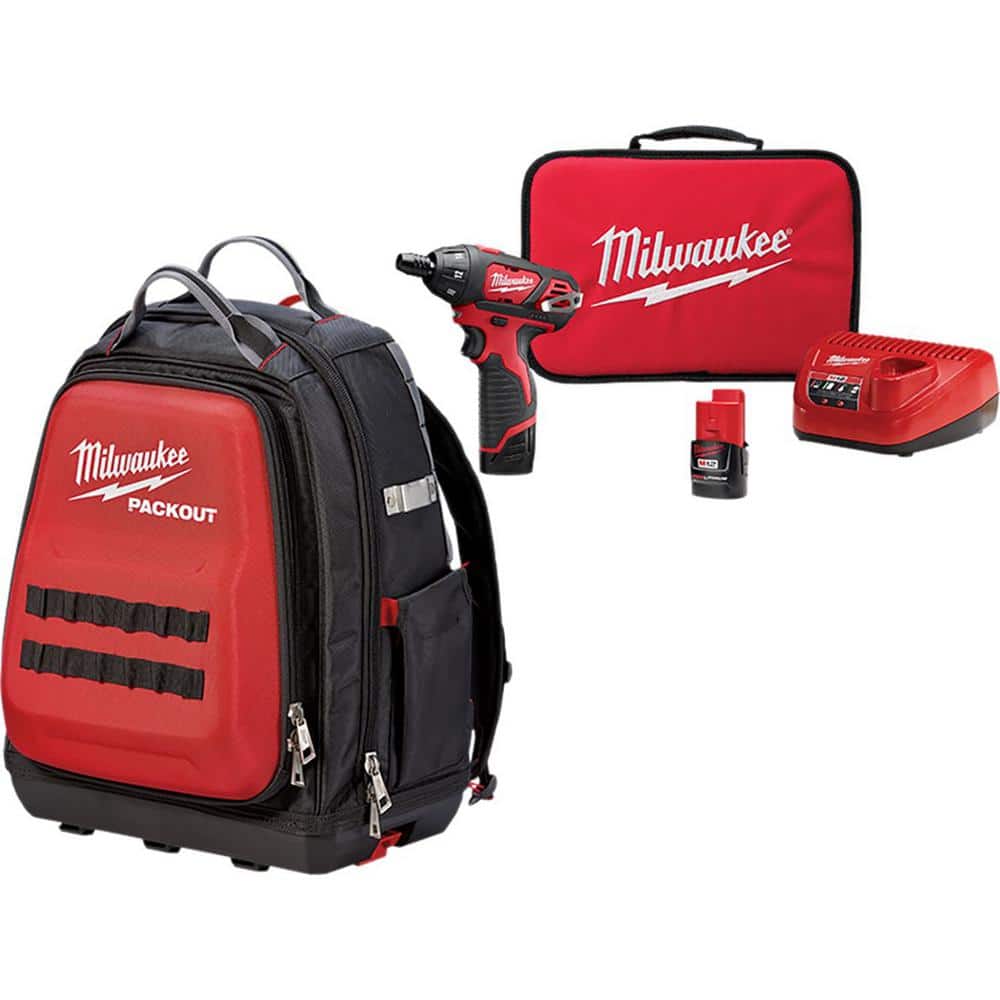 Milwaukee 15 in. PACKOUT Backpack with M12 12-Volt Lithium-Ion Cordless 1/4 in. Hex Screwdriver Kit, Red -  8301-2401-22