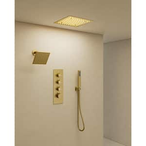 Thermostatic LED 7-Spray Ceiling Mount 12 and 6 in. Dual Shower Head and Handheld Shower Head 2.5 GPM in Brushed Gold