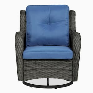 Patio Swivel Wicker Outdoor Rocking Chair with Royal Blue Cushion for Porch Deck(Set of 1)