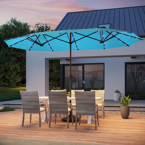 13 ft. x 7.2 ft. Steel Solar-Powered Double-Sided Market Patio Umbrella with Canopy Outdoor Table Umbrella in Lake Blue
