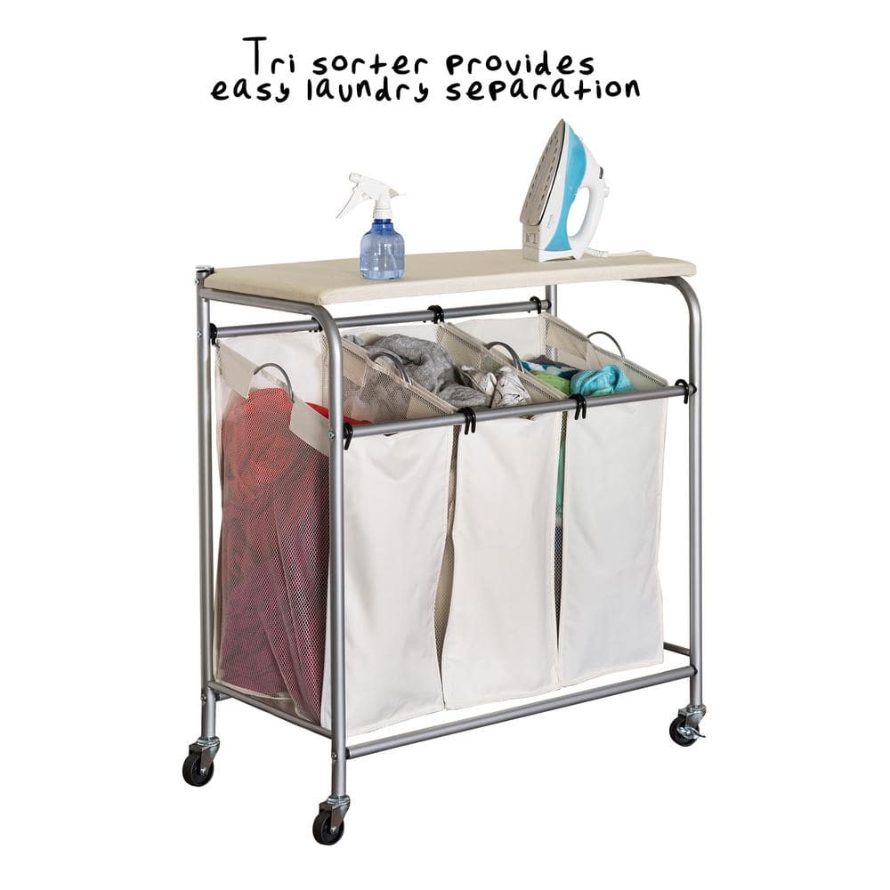 Natural Triple Laundry Sorter with Ironing Board and Locking Wheels