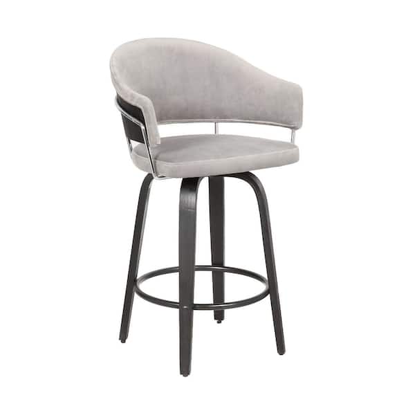 Armen Living Doral 30 in. Light Gray Velvet Barstool in Black Powder Coated Finish with Chrome and Black Brushed Wood