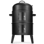 Portable Round 16 in. 3-in-1 Vertical Charcoal Smoker in Black BBQ Grill with Built-In Thermometer