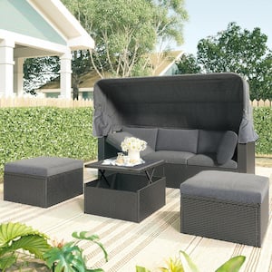 4-Piece Black Wicker Patio Outdoor Day Bed Sunbed with Retractable Canopy and Gray Cushions for Backyard
