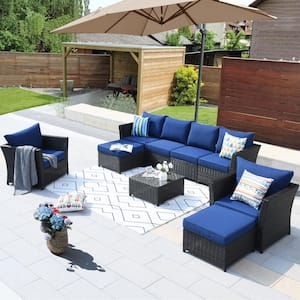 Minerva Brown 9-Piece Wicker Outdoor Patio Conversation Sectional Sofa Set with Navy Blue Cushions