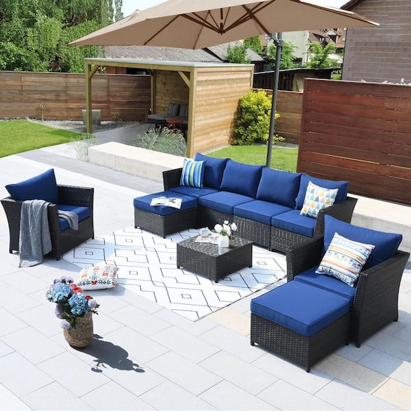 XIZZI Minerva Brown 9-Piece Wicker Outdoor Patio Conversation Sectional Sofa Set with Navy Blue Cushions