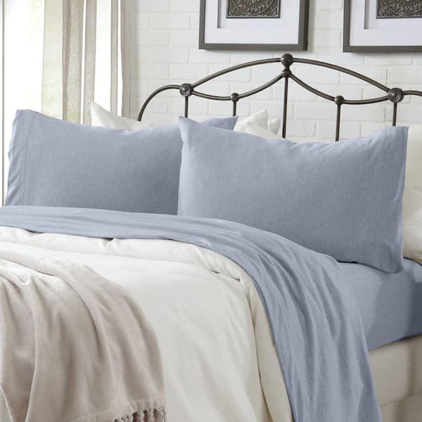 FRESHFOLDS 4-Piece Blue Solid Jersey Knit Cotton Queen Deep Pocket Sheet Set