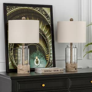 Concord 24.5 in. Clear Glass and Gray Resin Modern Farmhouse Table Lamp with Oatmeal Drum Shade (Set of 2)