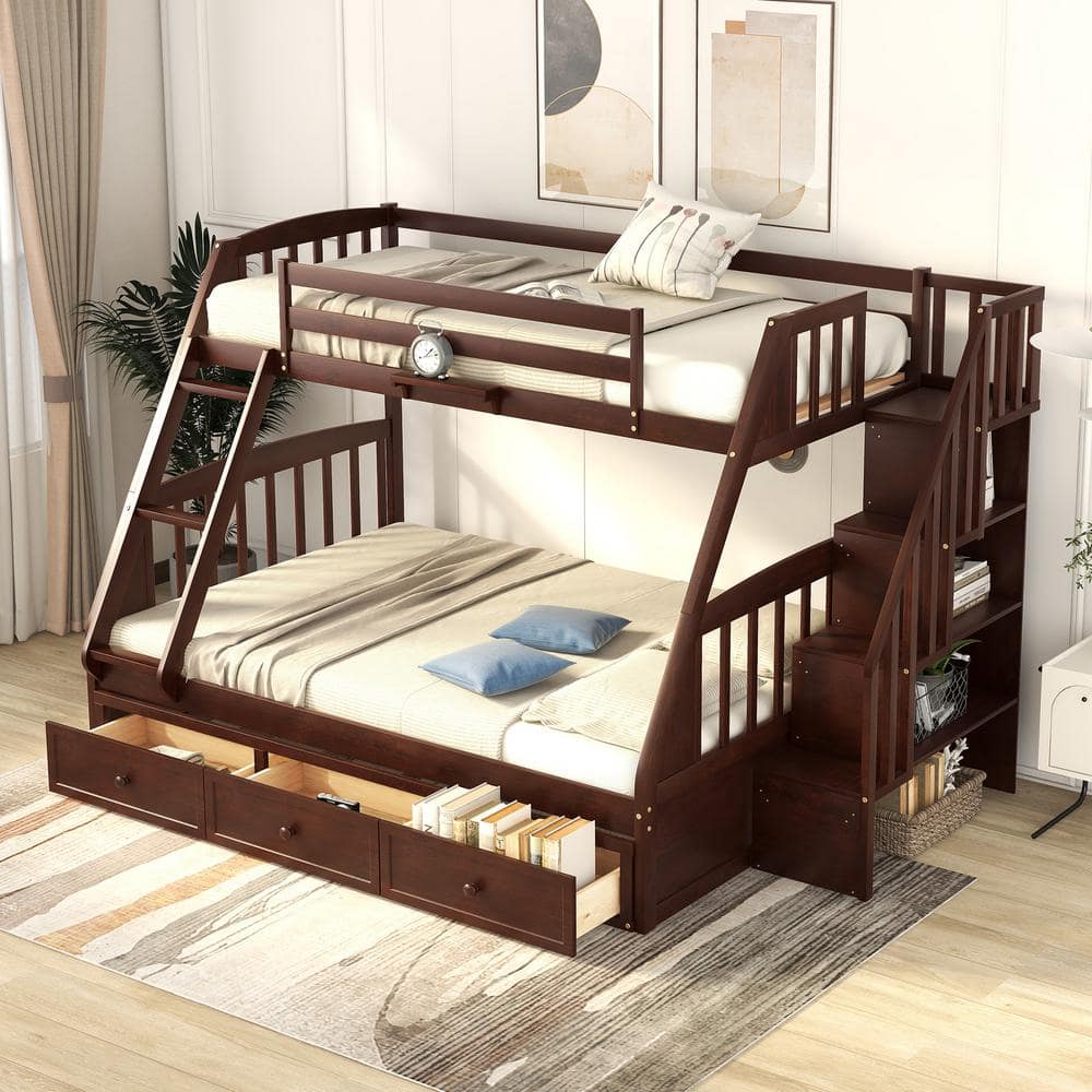 Harper & Bright Designs Espresso Twin Over Full Wood Bunk Bed With 3 ...