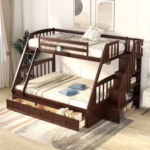 Espresso Twin Over Full Wood Bunk Bed with 3-Drawers, Ladder and Storage Staircase