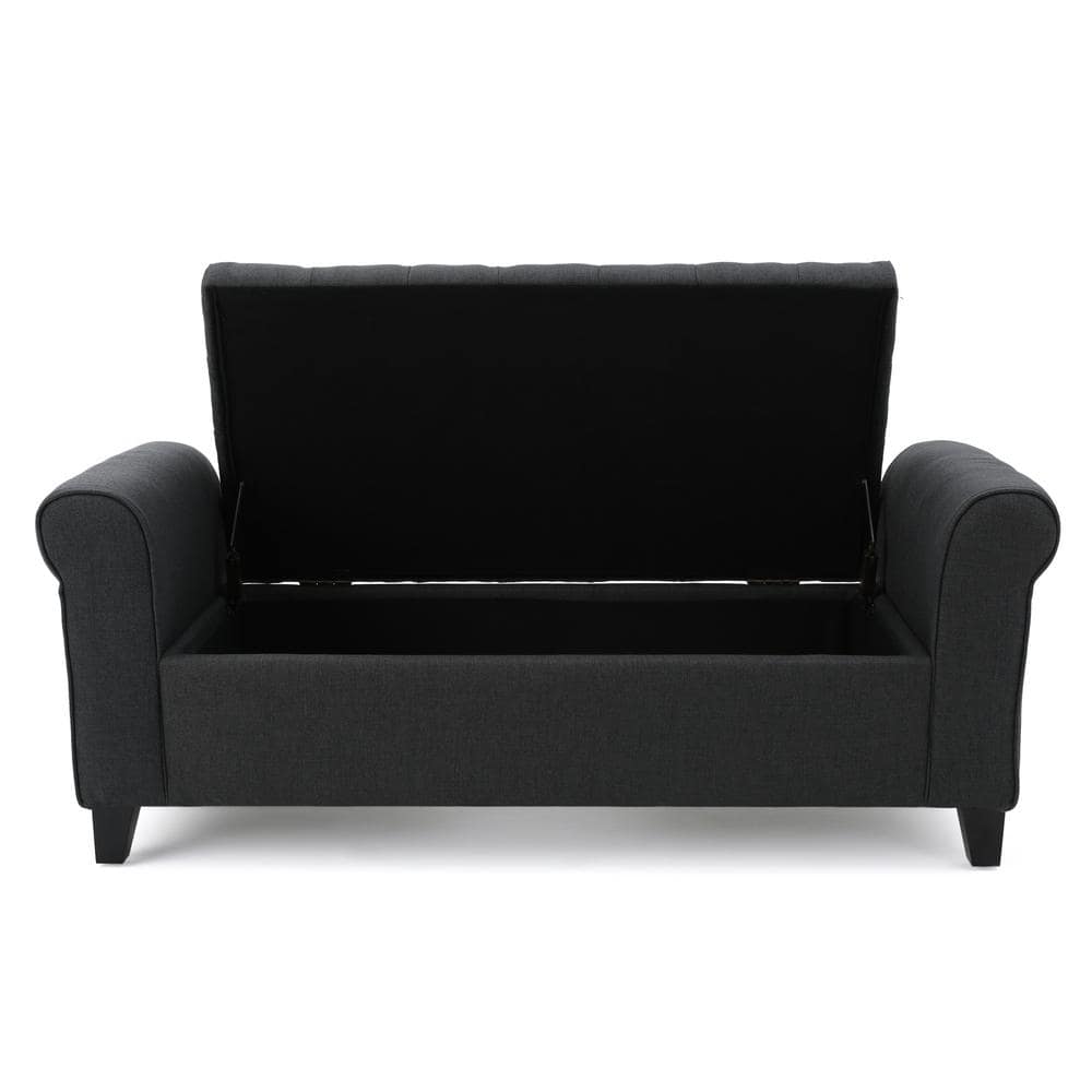 Dark Gray Tufted Fabric Storage Bench with Arms