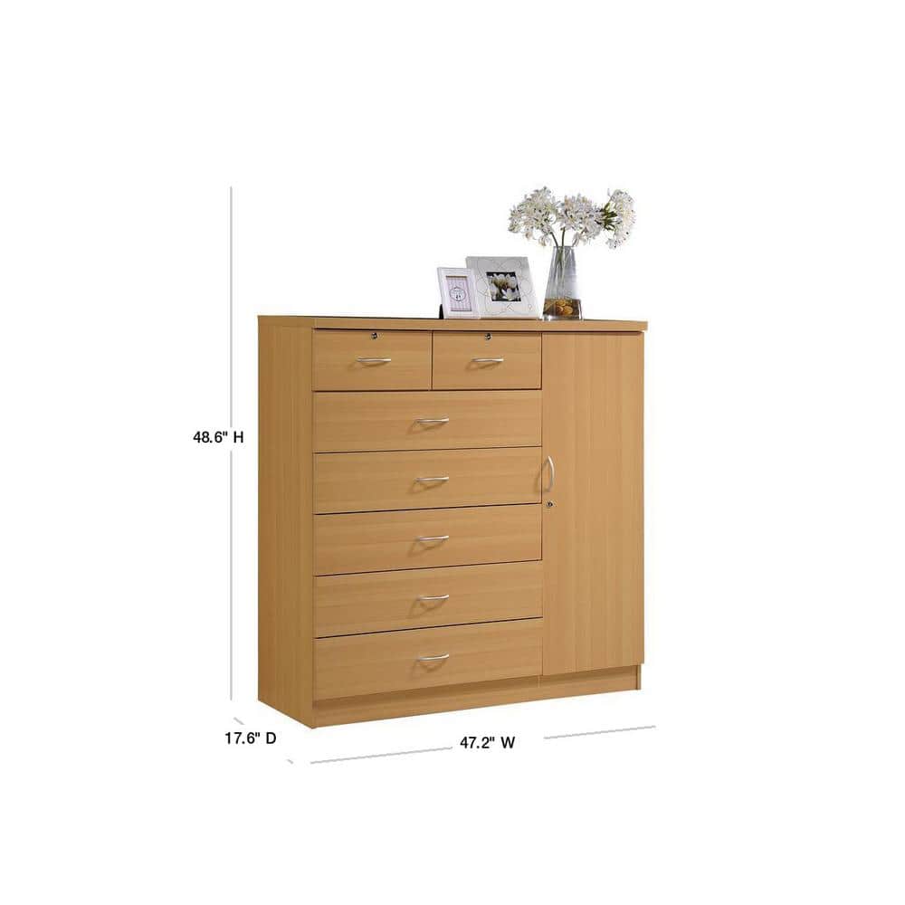 Beech 7-Drawer Chest with Locking Door and Shelves