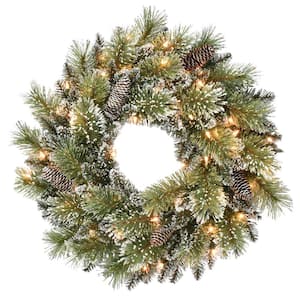 24 in. Pre-Lit Incandescent Artificial Glitter Christmas Wreath with 120 Tips and 50 UL Clear Lights