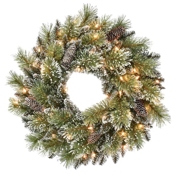 Puleo International 24 in. Pre-Lit Incandescent Artificial Glitter Christmas Wreath with 120 Tips and 50 UL Clear Lights