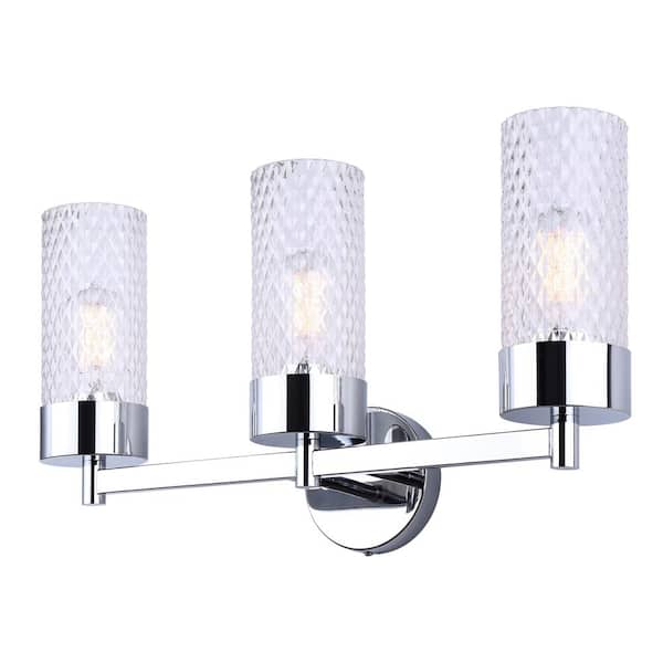 CANARM EDEN 6.25 in. 3-Light Chrome Vanity with Clear Textured Glass Shade
