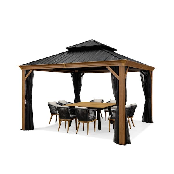 PURPLE LEAF 12 ft. x 12 ft. Hardtop Gazebo Galvanized Steel Roof Gazebo Pergola with Wooden Coated Aluminum Frame and Mosquito Net