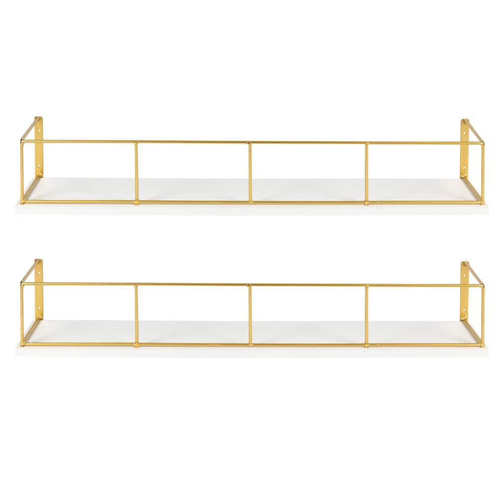 Chic Modern White and Gold Wood-Metal 24" Floating Shelves, 2-Pack