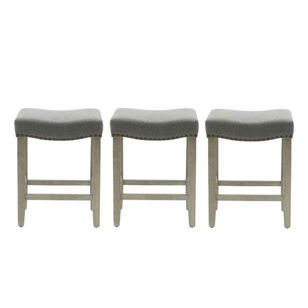 Jameson 24 in. Counter Height Antique Gray Wood Backless Nailhead Barstool with Gray Linen Saddle Seat (Set of 3)