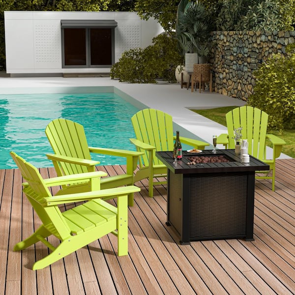 WESTIN OUTDOOR Mason 5-Piece Outdoor Patio HDPE Poly Plastic Classic Adirondack Chair Conversation Set with Square Fire Pit, Lime