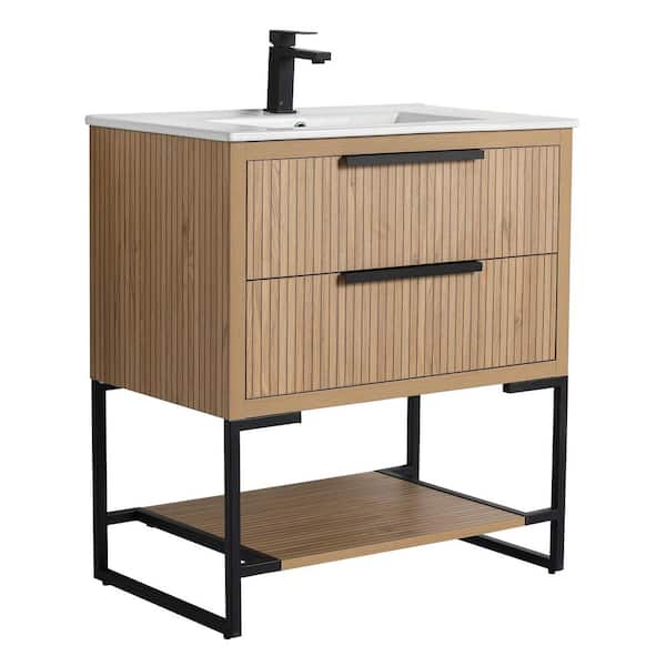 FINE FIXTURES Kingsford 30 in. Freestanding Bath Vanity in Bright Oak with Drawers and White Ceramic Sink Top