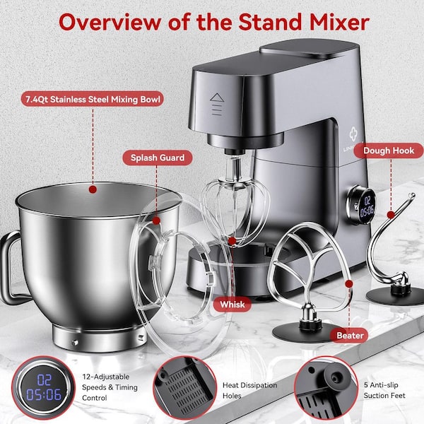 7.4 qt. Grey Stand Mixer, 800W 12-Speed Tilt-Head Food Mixer