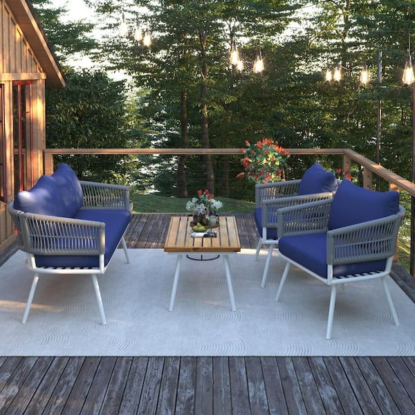 Harper & Bright Designs 4-Piece Metal Patio Conversation Set with Acacia Wood Table and Navy Blue Cushions