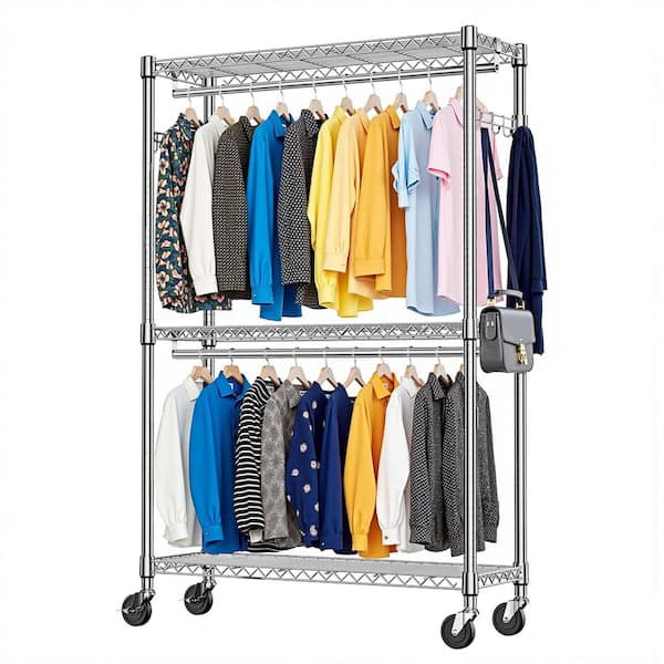 Chrome 3 Tiers Heavy Duty Steel Clothes Rack with Wheels, 2 Rods and Side Hooks, 45.3 in. W x 79.6 in. H