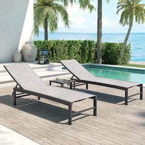 3-Piece Adjustable Aluminum Outdoor Chaise Lounge in Earth with Table Set