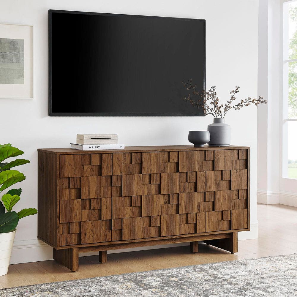 MODWAY Owen Walnut MDF Sideboard with Modern Carved Geometric 59
