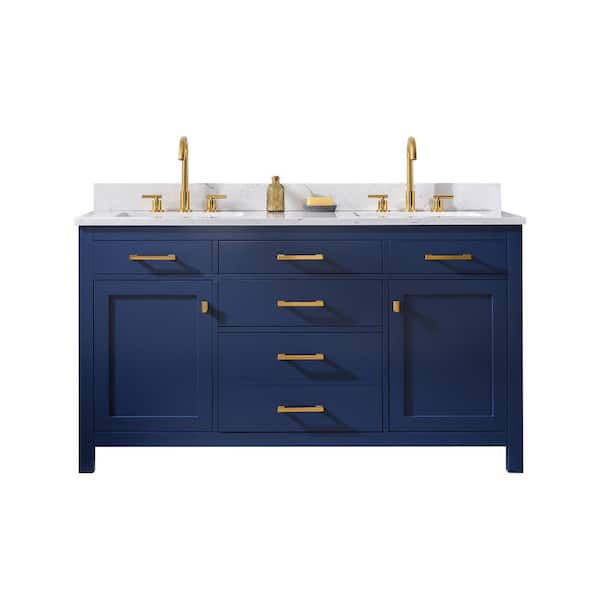 Jasper 60 in. W x 22 in. D Bath Vanity in Navy Blue with Engineered Stone Vanity in Carrara White with White Sinks