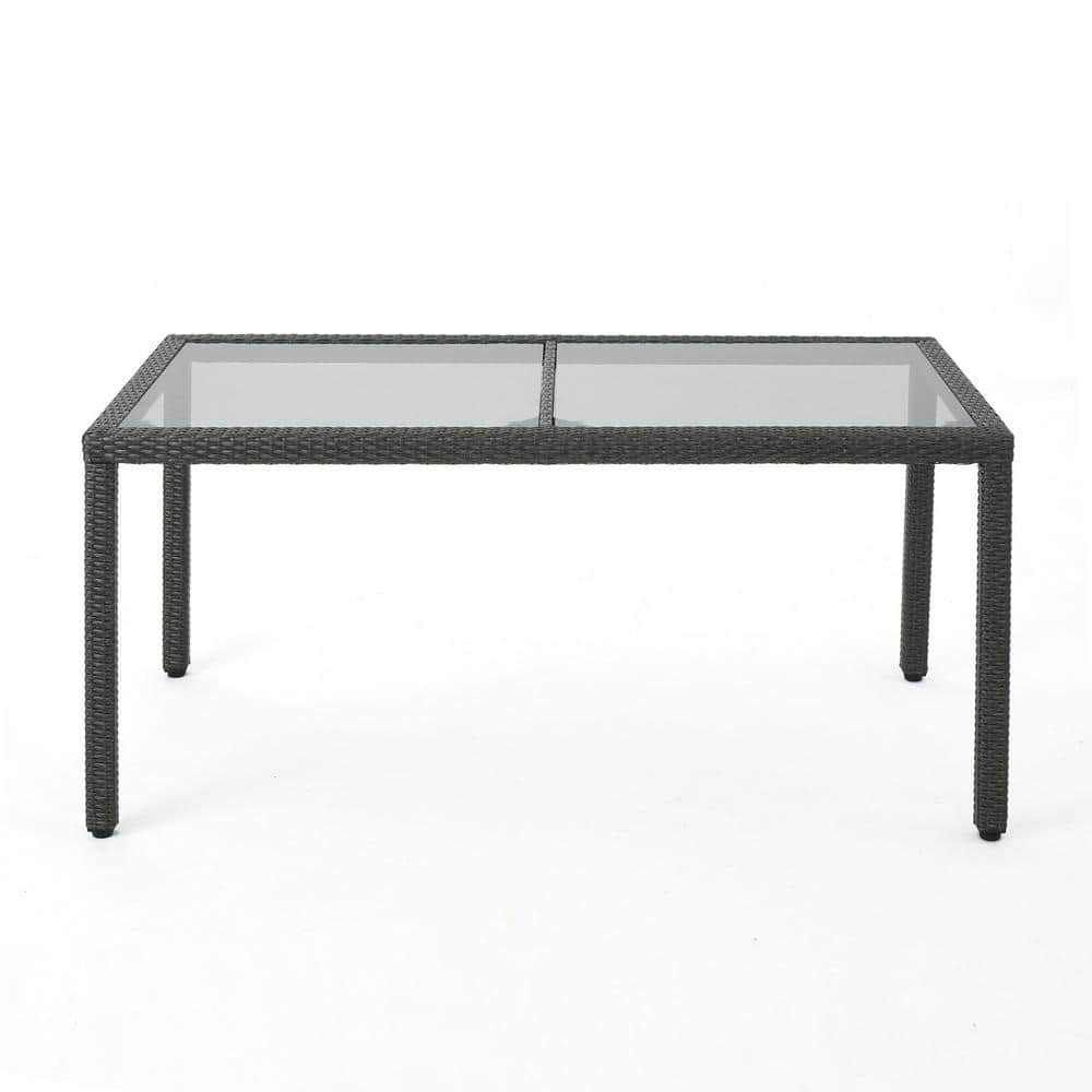 Grey Rattan Wicker Rectangular Outdoor Dining Table with Tempered Glass