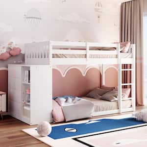 White Twin over Twin Bunk Bed with 4 Drawers and 3 Shelves