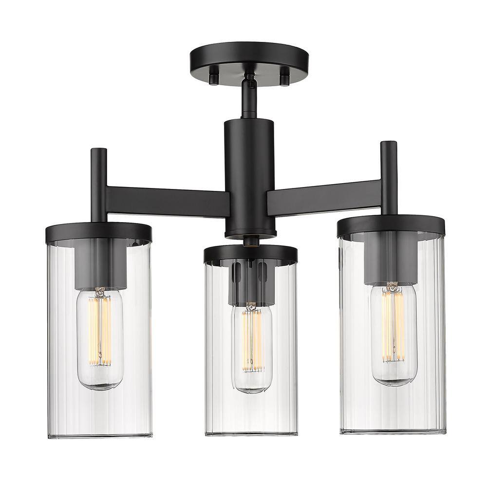 Winslett Matte Black 17" Ribbed Glass 3-Light Semi-Flush