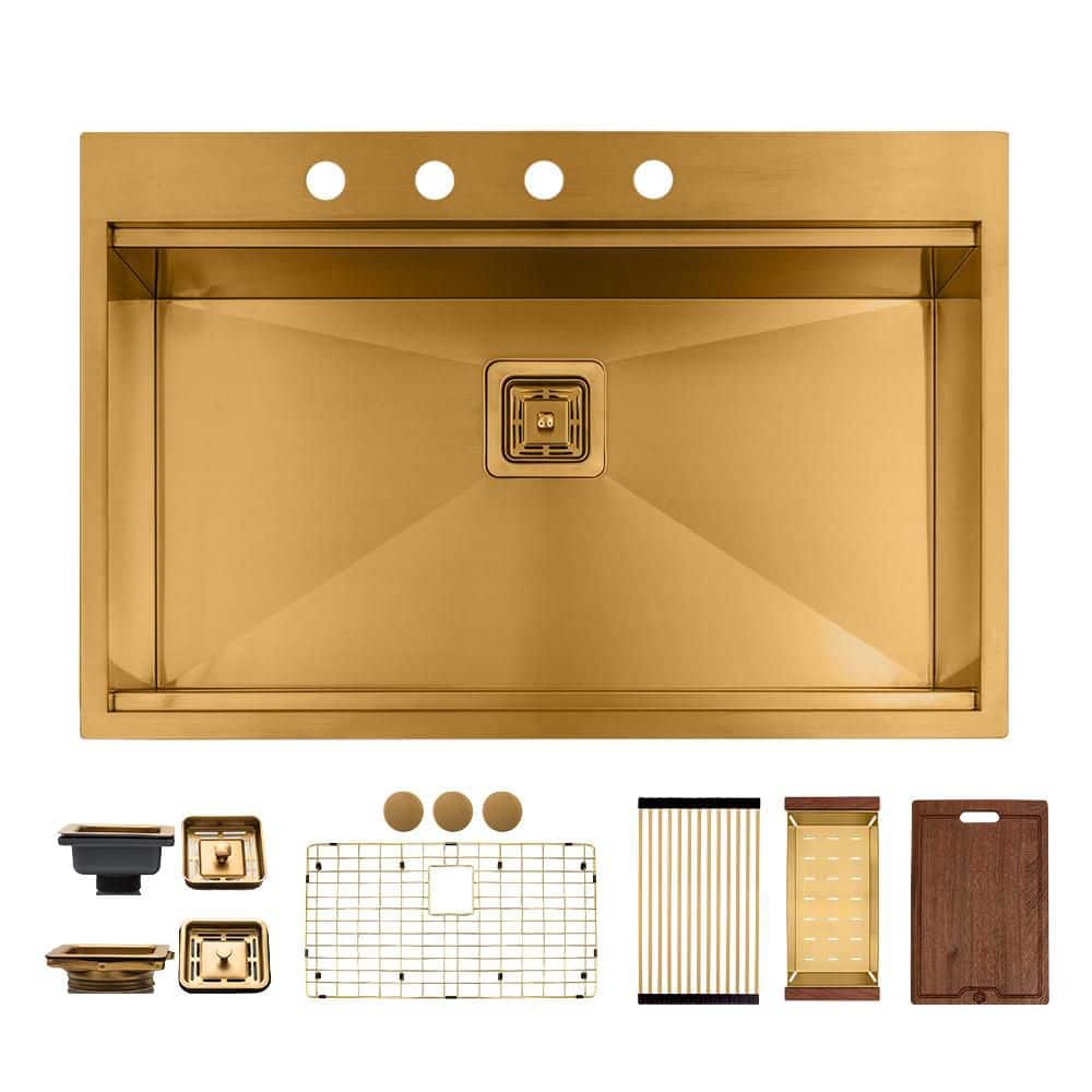 33 in. Drop-In/Undermount Single Bowl 16 Gauge Gold Stainless Steel Workstation Kitchen Sink with Accessories price history on PriceWatchPro