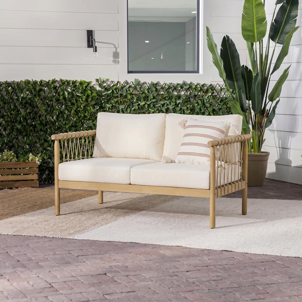 Davin 48.82 Wood Patio Outdoor 2-Seater Rope Loveseat in Light Teak with Beige Cream Cushions price history on PriceWatchPro