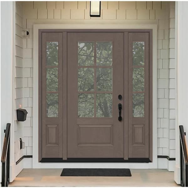 Regency 64 in. x 80 in. 3/4-6 Lite Clear Glass LH Ashwood Stain Mahogany Fiberglass Prehung Front Door w/Dbl 12in.SL