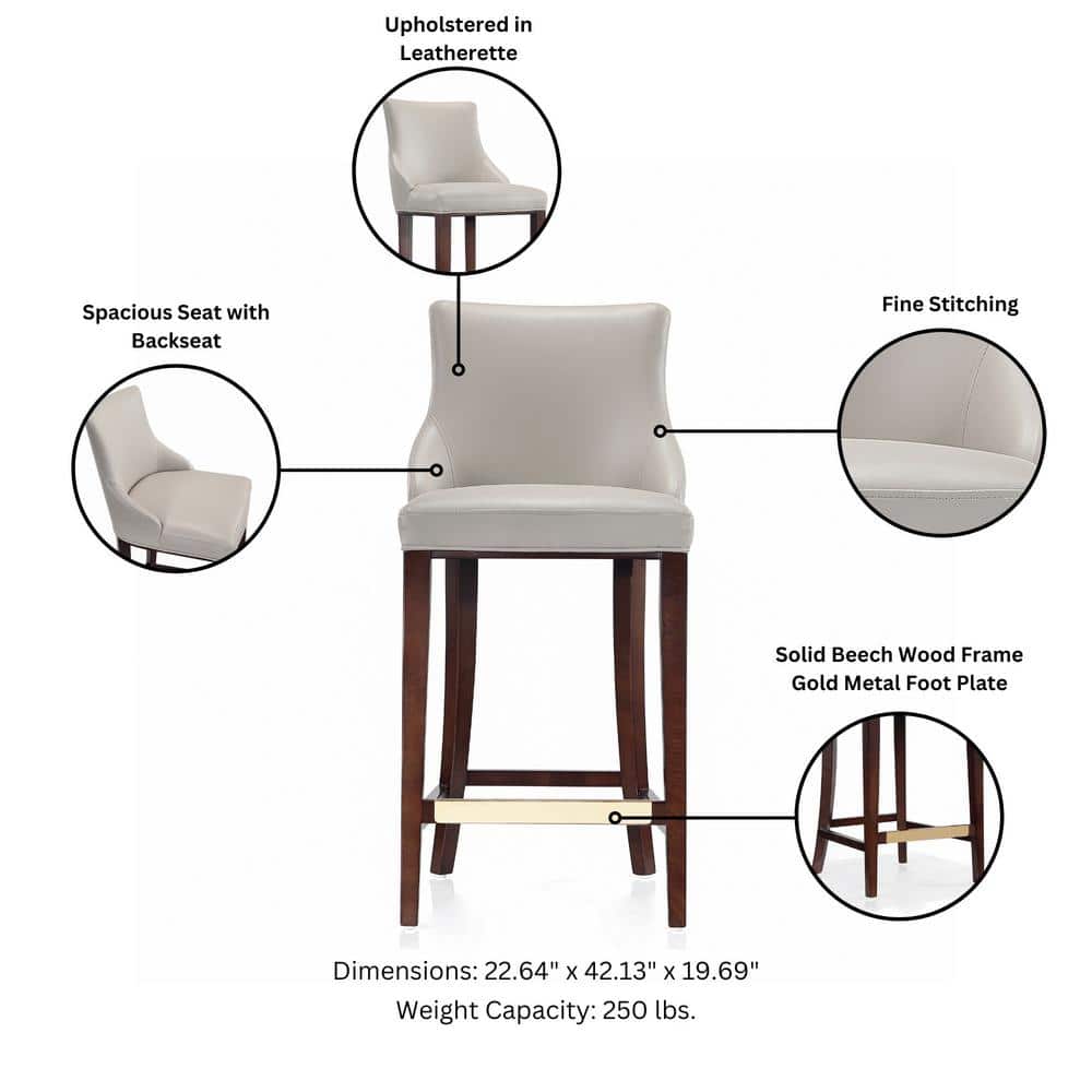 Light Gray Leatherette Upholstered Bar Stools with Beech Wood Legs, Set of 2