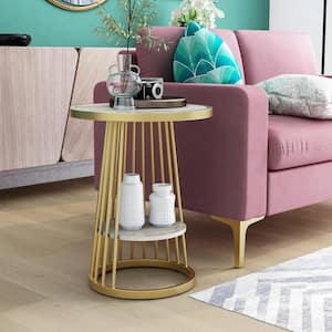 Liles 17.75 in. Glossy White and Gold Round Plastic Side Table with 1-Shelf