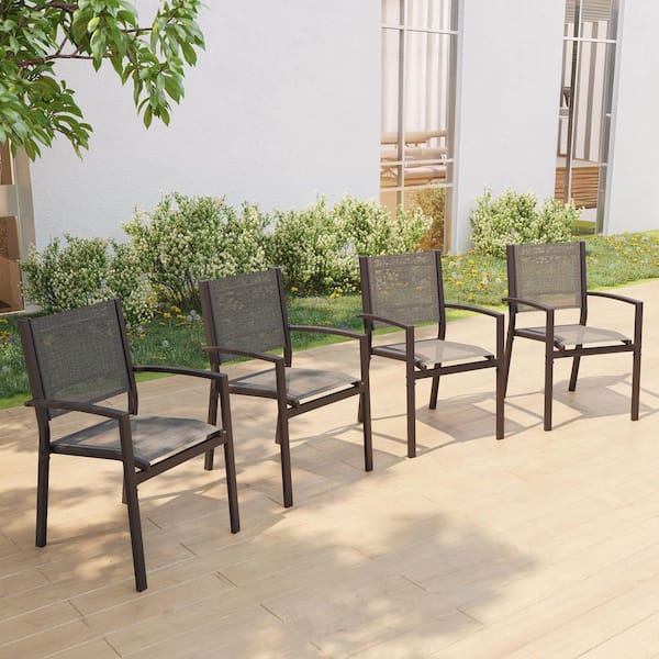 Sonkuki 4-Pieces Brown Frame Powder-coated Steel Patio Outdoor Gray Textilene Dining Chairs