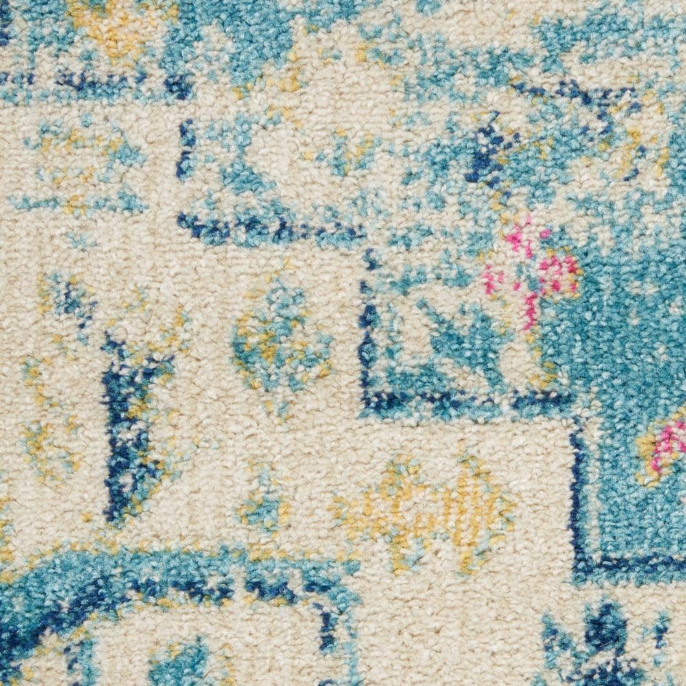 Ivory and Light Blue Floral Synthetic Runner Rug