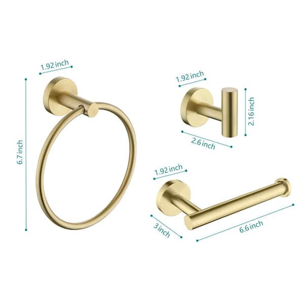 3-Piece Stainless Steel Bath Hardware Set with Towel Ring, Robe Hook, Toilet Paper Holder in Brushed Gold