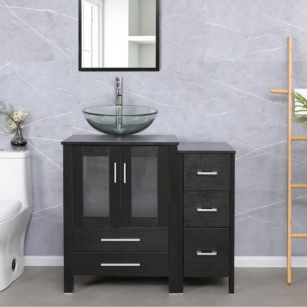 36 in. W x 20 in. D x 32 in. H Single Sink Black Bath Vanity with Clear Glass Top and Chrome Faucet Drain Set