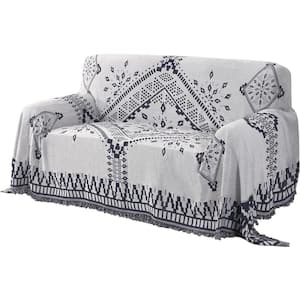 Navy Blue Reversible Sofa/Couch Slip Cover with Tassels for Most Shape Sofa Furniture Protector