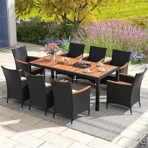 9-Piece Wood Rectangle 29.5 in Outdoor Dining Set with Cushions Beige