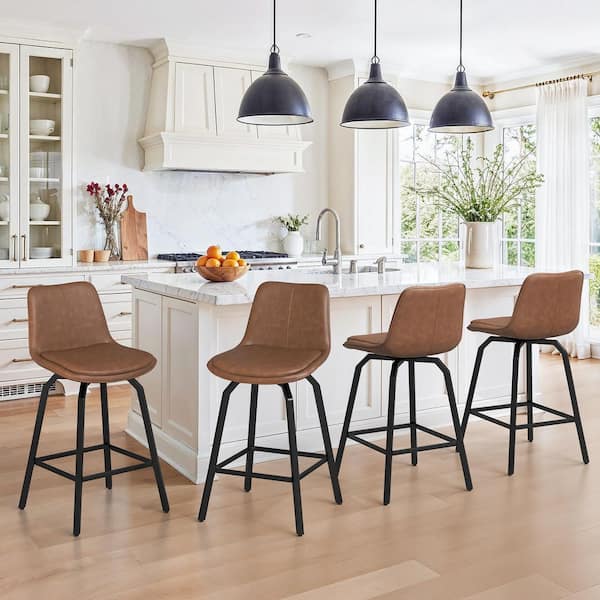 37 in. YANNIS Brown Faux Leather Swivel Bar Stool Metal Frame Double-cushioned Counter Height Stool (Set Of 4)